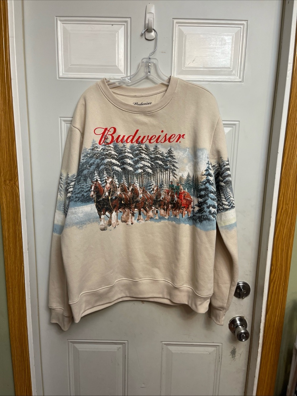 Budweiser Cream Crewneck with Red Logo and Winter Clydesdales